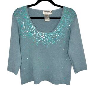 Joseph A Silk Y2K Metallic Sequin 3/4 Sleeve Top XL Teal Shimmer Mermaid Fairy